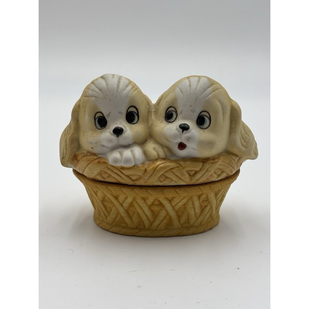 Vintage Kitschy Puppies In Basket Porcelain Lidded Candle Holder Trinket Box